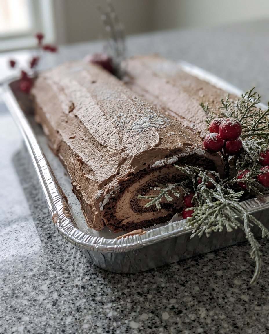 A slice of Yule log cake showing the cream swirl
