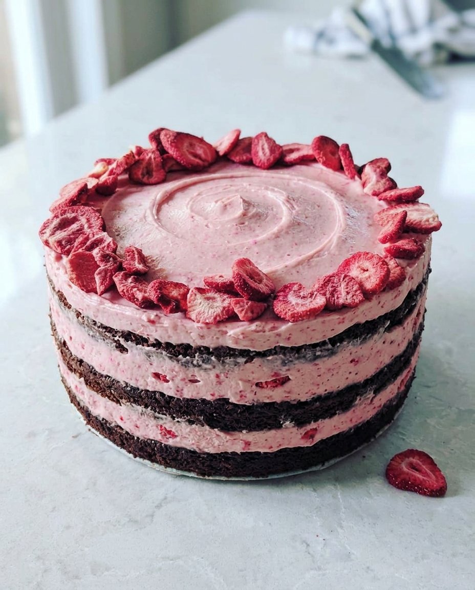 Two slices of strawberry cake on white plates with forks