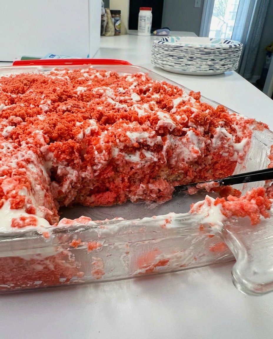 A 9x13 pan of strawberry crunch cake being sliced and served