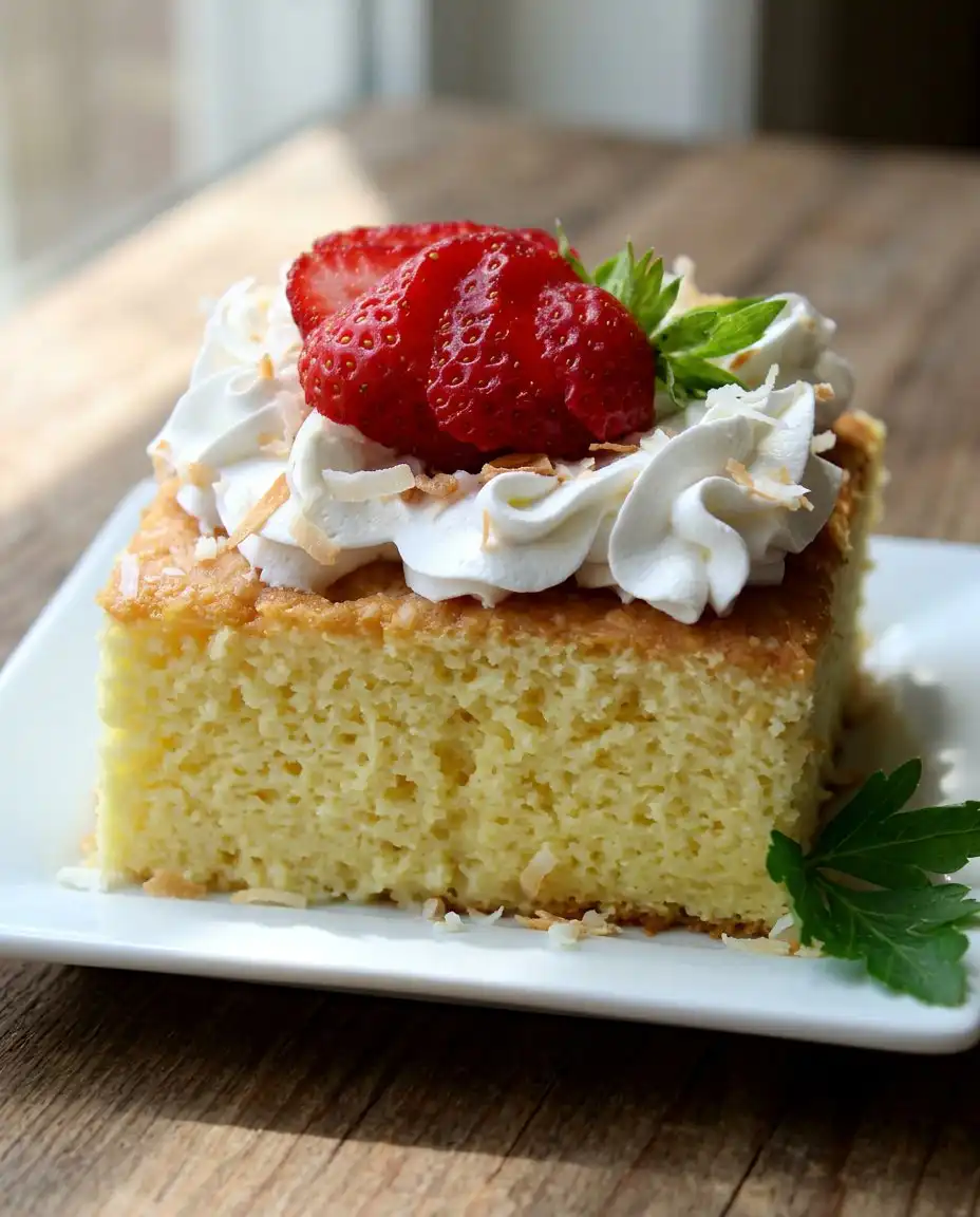 A beautiful serving of strawberry tres leches cake on a white platter with fresh garnish.