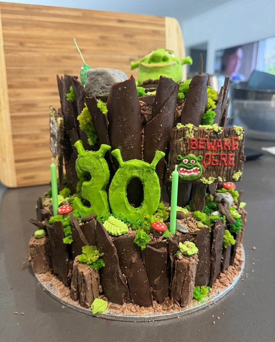 Ingredients for a Shrek cake including almond flour, chocolate, and eggs.