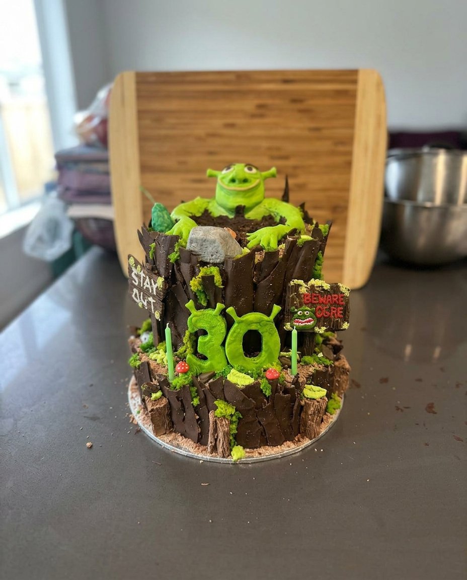 Smoothing the green marzipan over the almond cake base.