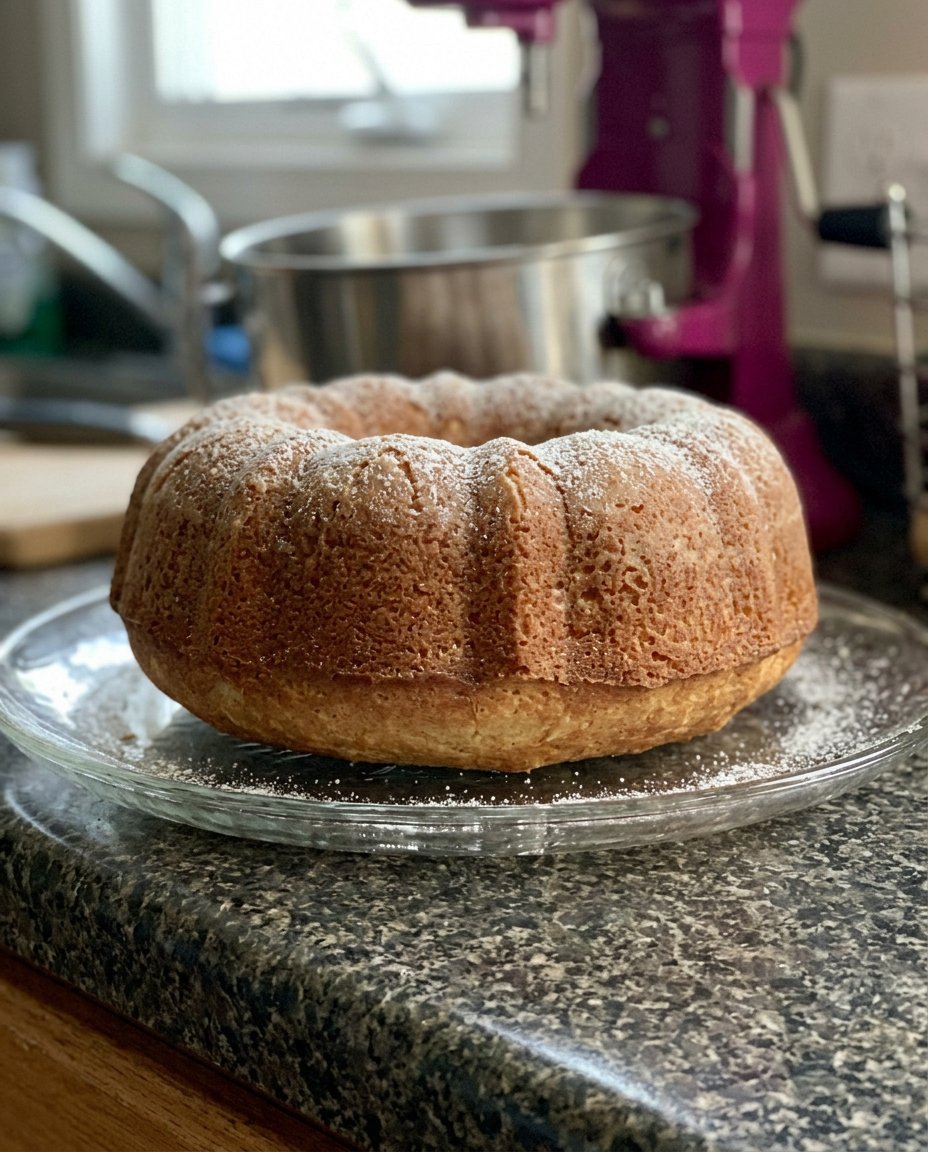 A golden brown cake in a square pan with a sugary crust