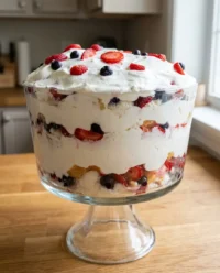 A freshly baked cake with fruit sitting in a dark metal cake tin