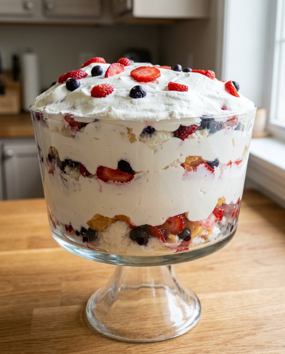 A freshly baked cake with fruit sitting in a dark metal cake tin