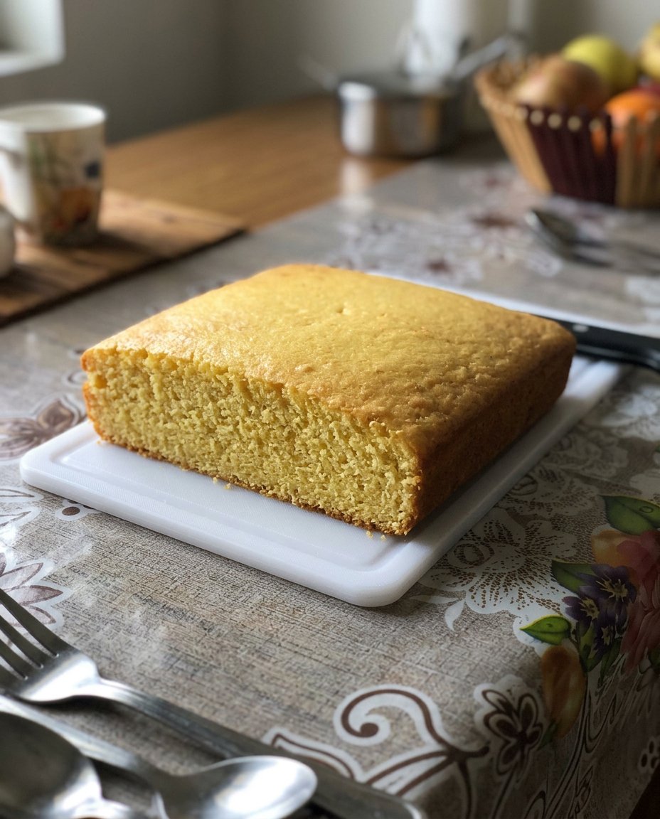 A simple eggless vanilla cake cooling on a wire rack in a sunlit kitchen