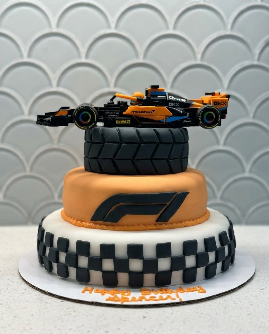 A simple F1 race car cake decorated with orange icing and liquorice wheels.