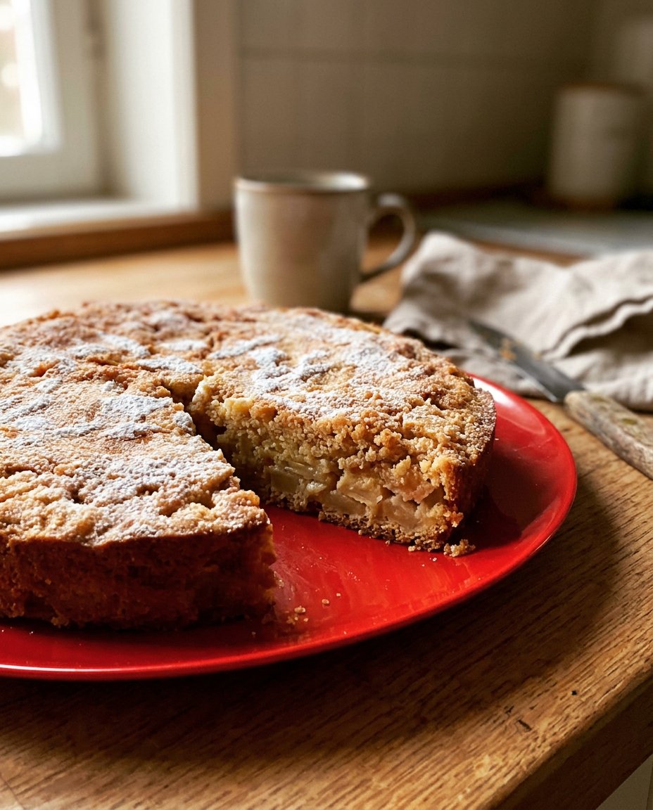 A golden brown French apple cake on a wire rack with powdered sugar