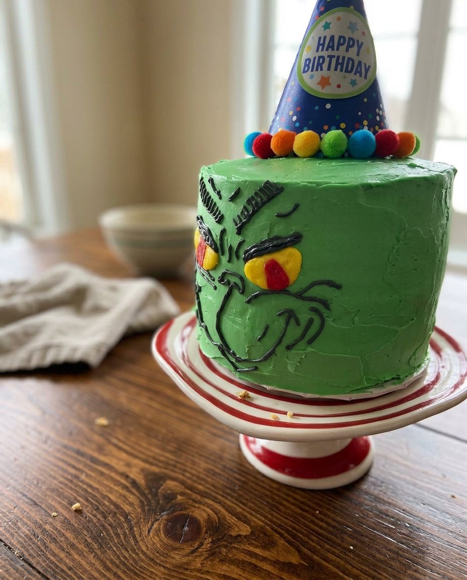 A bright green Grinch Cake with a fondant hand on top and a red heart inside