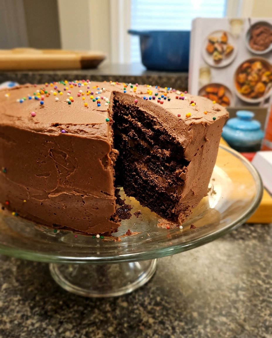 Two round chocolate cake layers cooling in their pans on a wooden counter