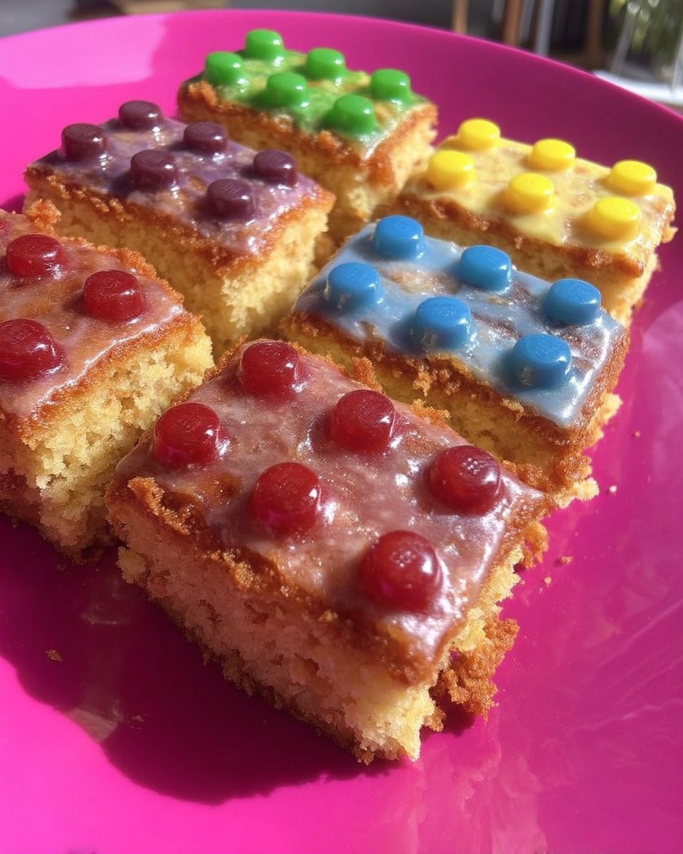 A simple lego cake cut into colorful rectangles with candy studs