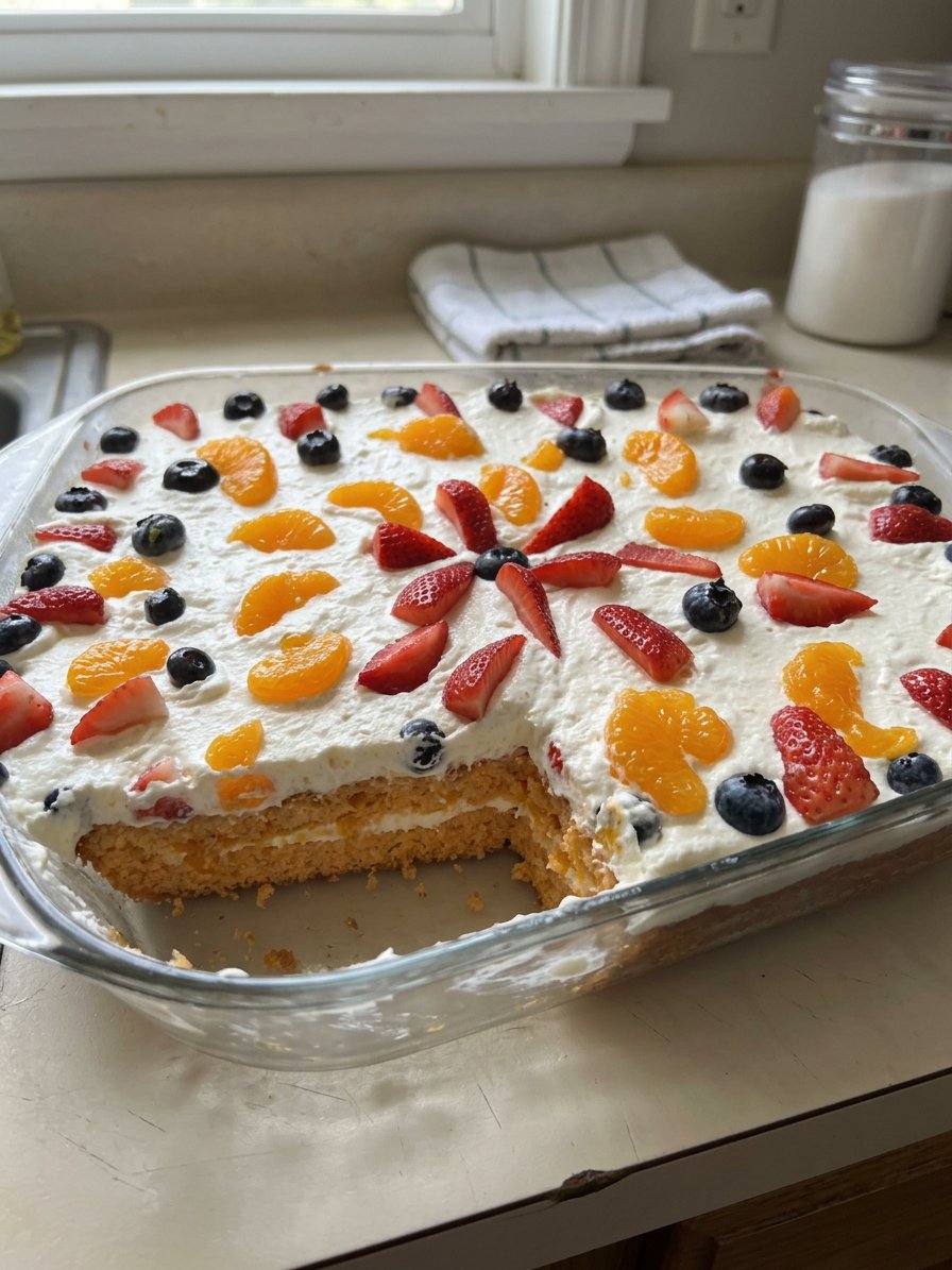 A simple mandarin orange cake baked in a 9x13 pan with whipped pineapple frosting