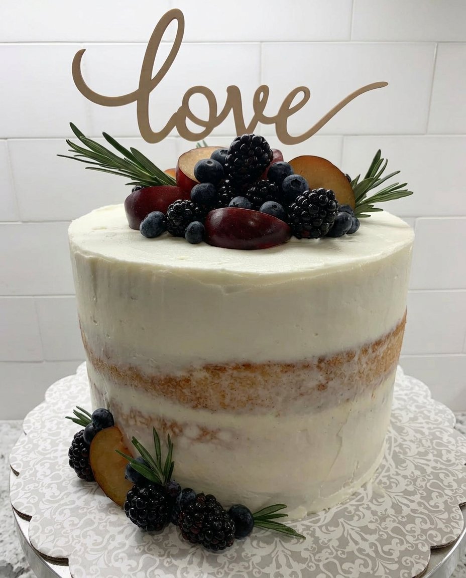 A simple nude cake sitting on a white cake stand