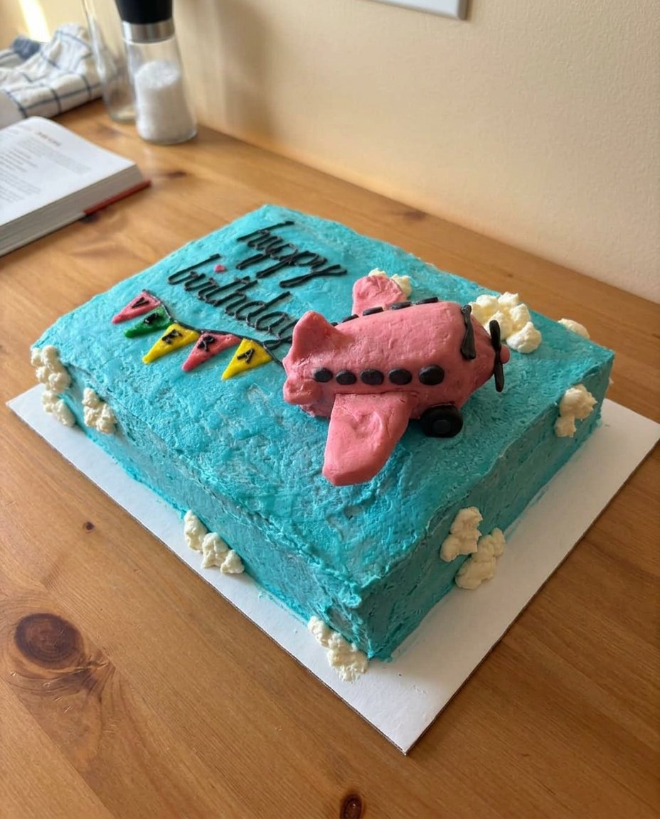 A homemade chocolate chip rectangle cake topped with smooth white buttercream frosting.