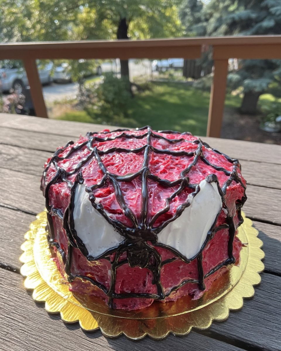 A tall blue cake decorated with a red Spiderman mask and web pattern