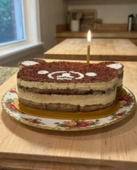 A simple tiramisu cake layered in a glass baking dish with cocoa powder dusting