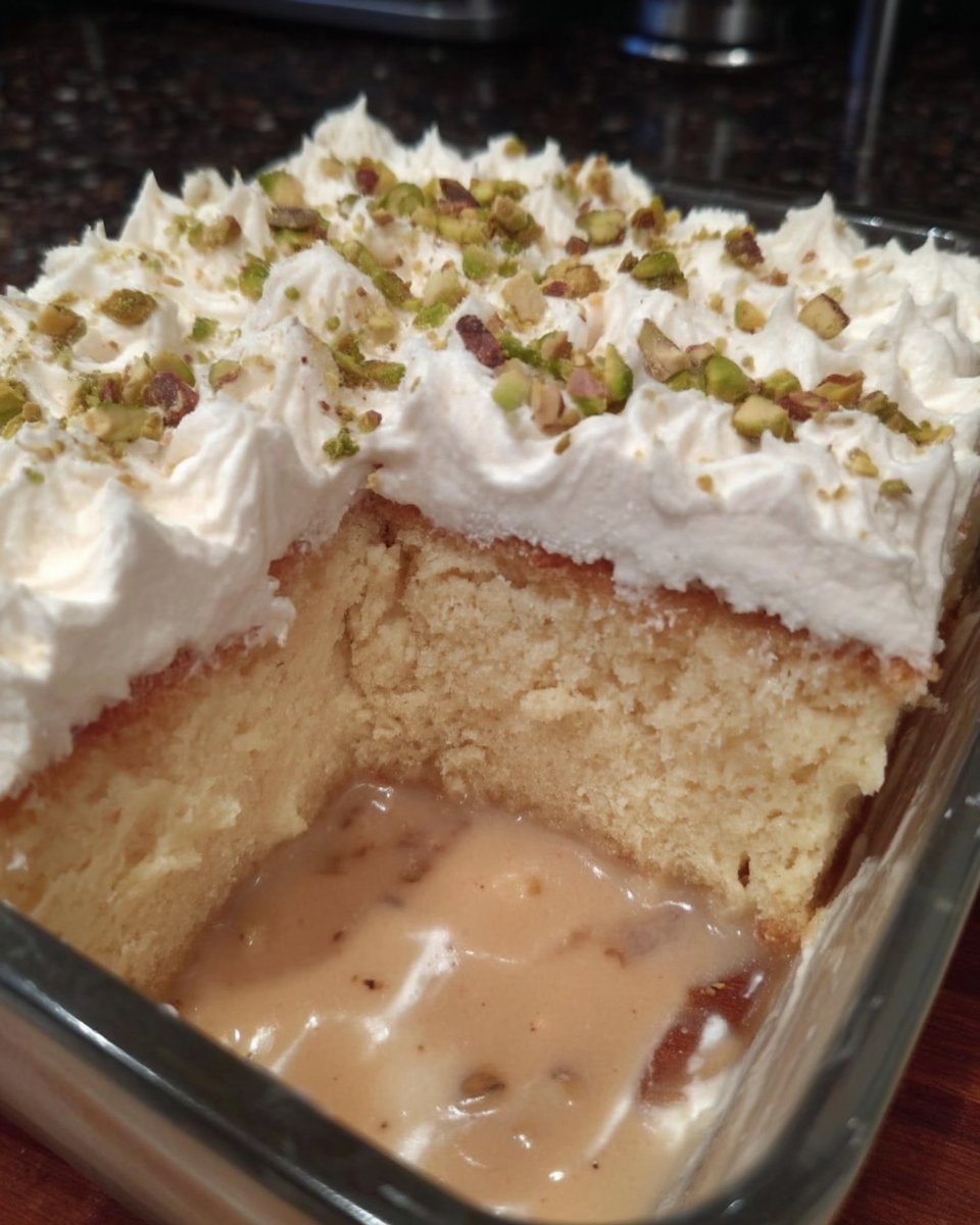 A simple tres leches cake served in a glass baking dish with whipped cream and cinnamon.
