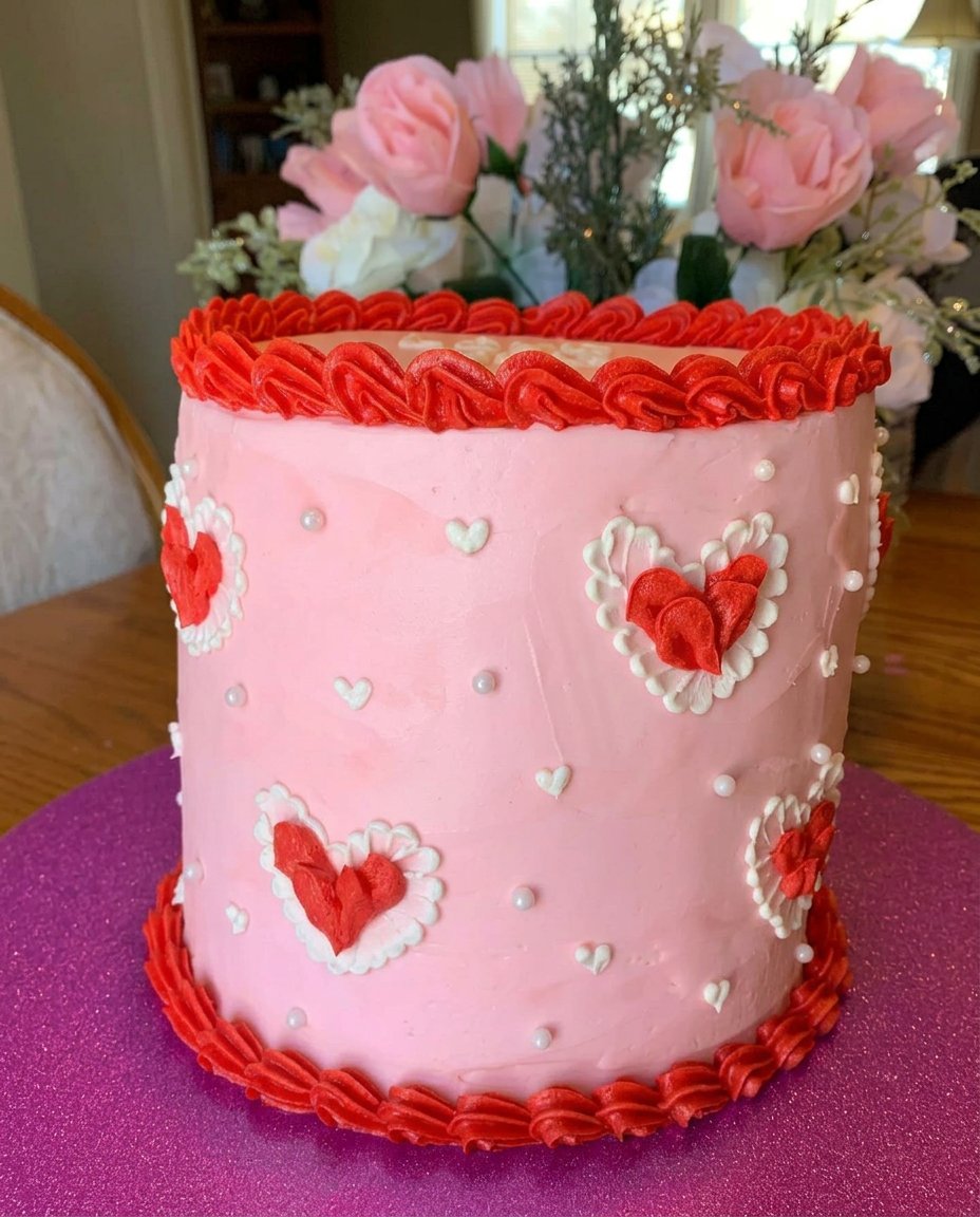 A white and pink marbled Valentines Day cake with vanilla frosting and cherries