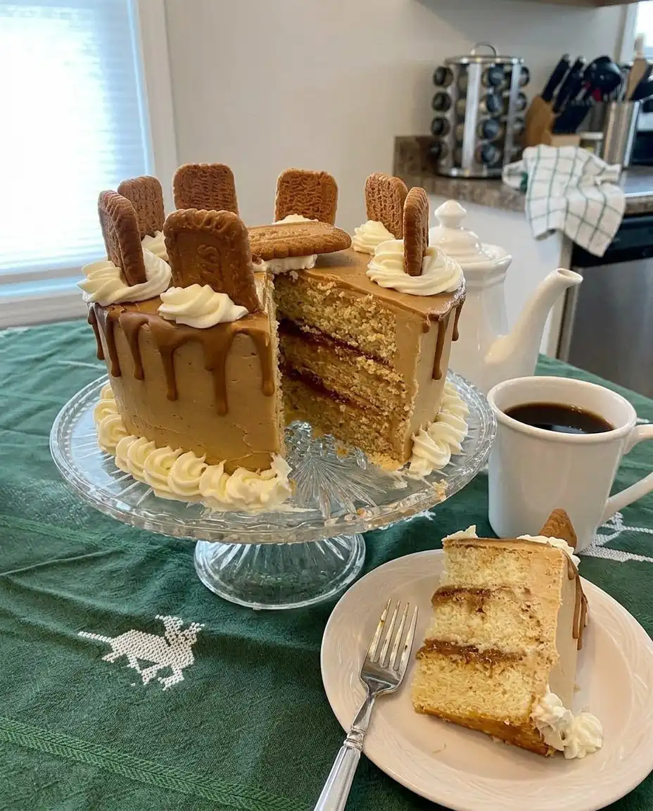 A slice of Biscoff cake served on a plate next to a cup of coffee