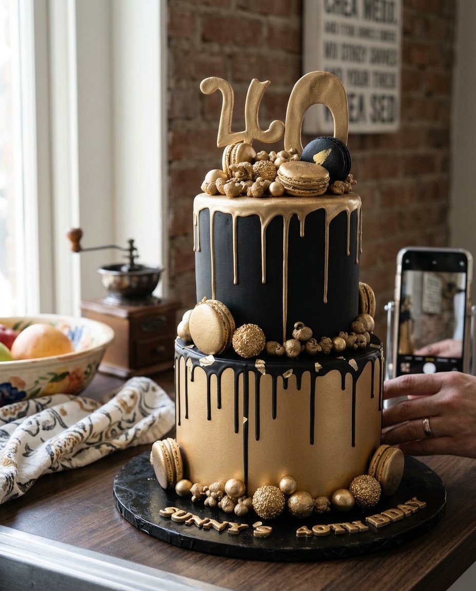 Black And Gold Cake 14 A slice of dark chocolate cake on a plate with gold candy accents