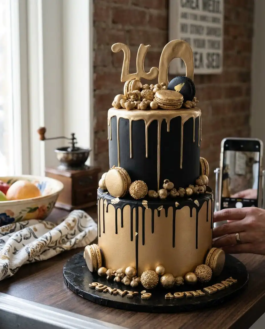 A slice of dark chocolate cake on a plate with gold candy accents