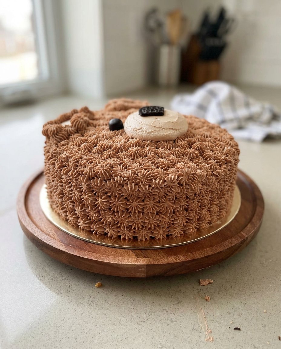 A generous slice of chocolate bear cake on a simple white plate.