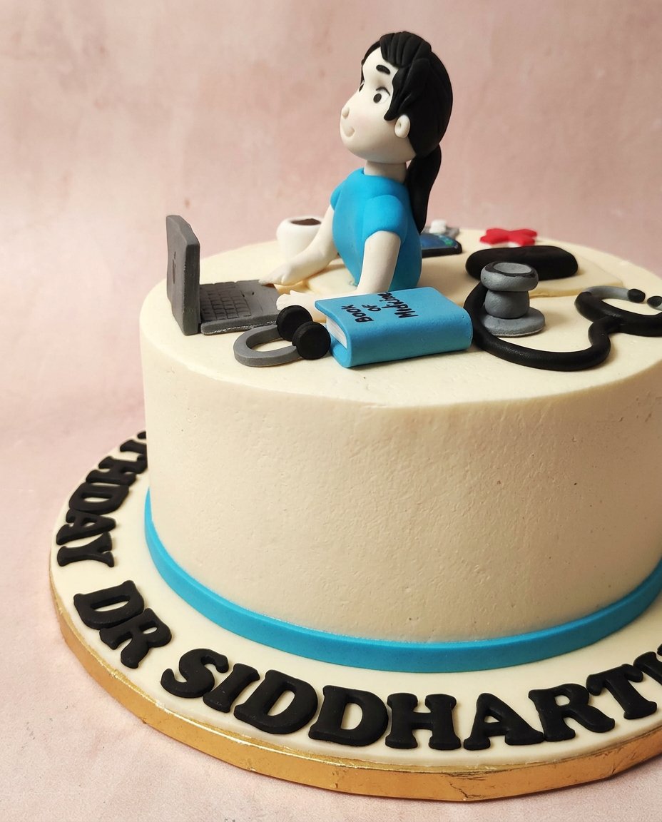 A thick slice of doctor cake with chocolate frosting on a simple plate.