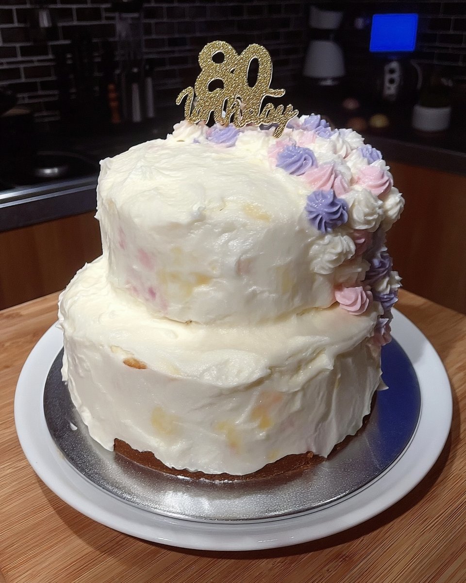 A single slice of pink floral cake on a vintage plate with a fork.