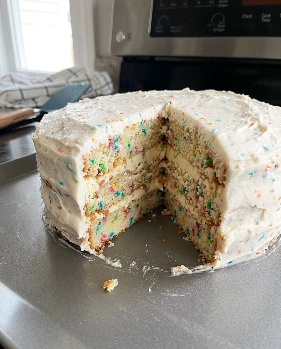 A thick slice of homemade cake served on a simple white plate