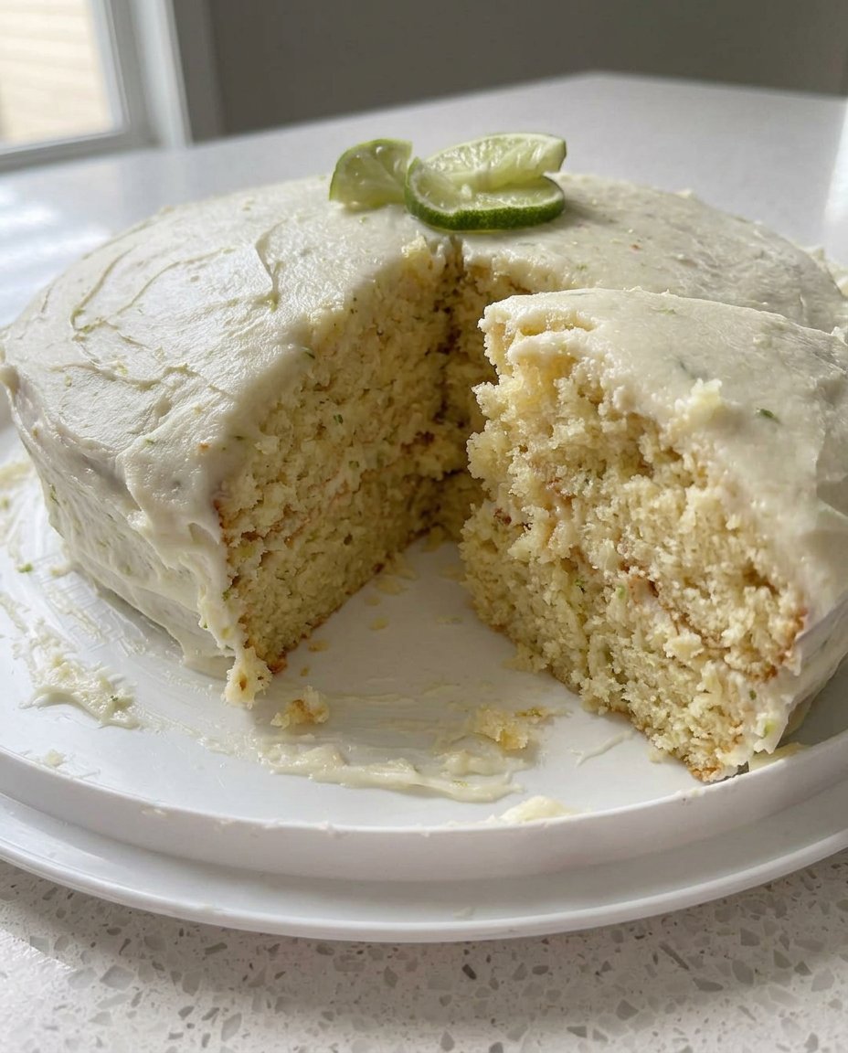 A square slice of Key Lime Cake served simply on a rustic plate