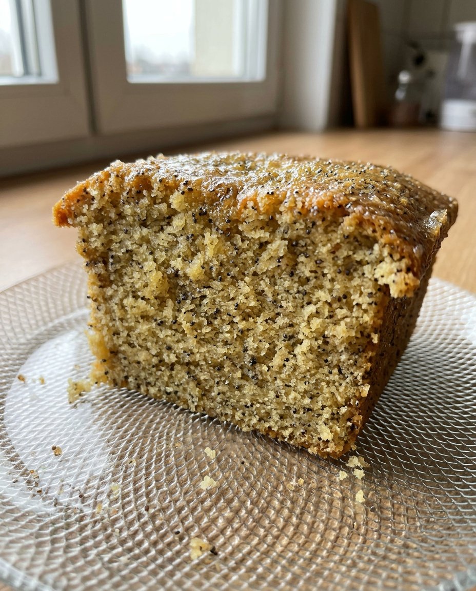 A single square slice of lemon poppy seed cake with visible curd swirls on a white plate.