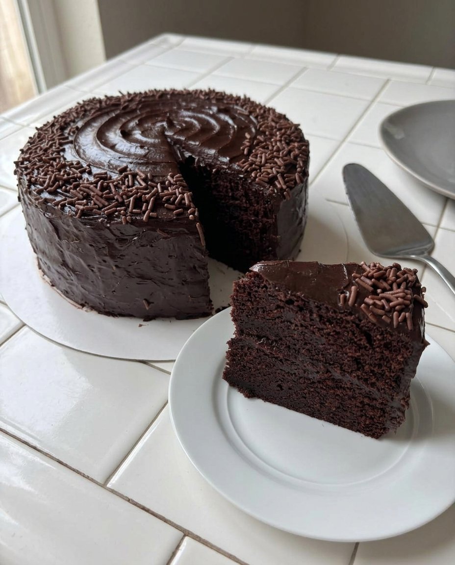 A thick slice of Matilda cake with glossy chocolate frosting on a plate