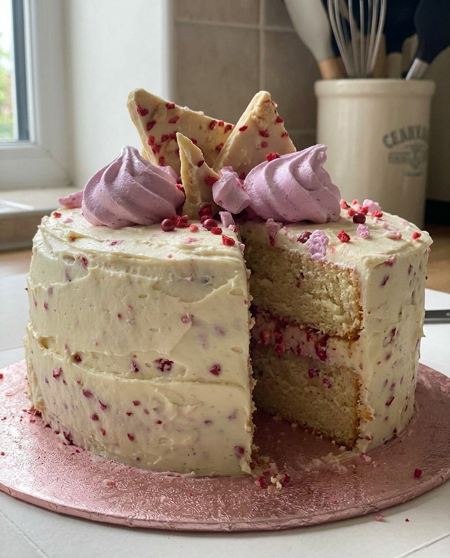 A slice of cake with strawberry jam filling and buttercream