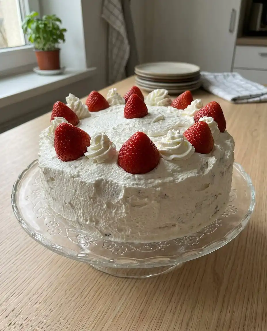 A single slice of strawberry vanilla cake showing the berry filling and white frosting