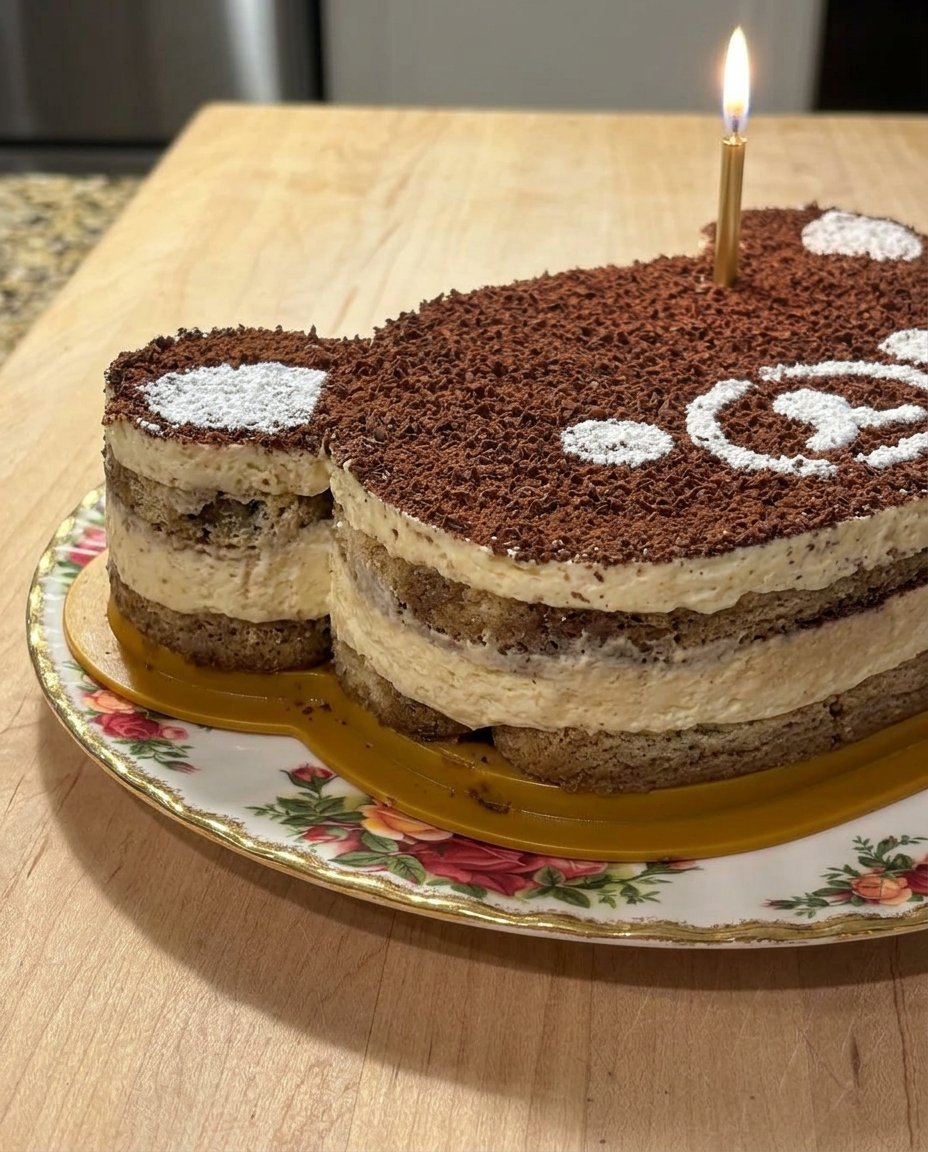 A square slice of tiramisu cake showing cream and coffee soaked layers