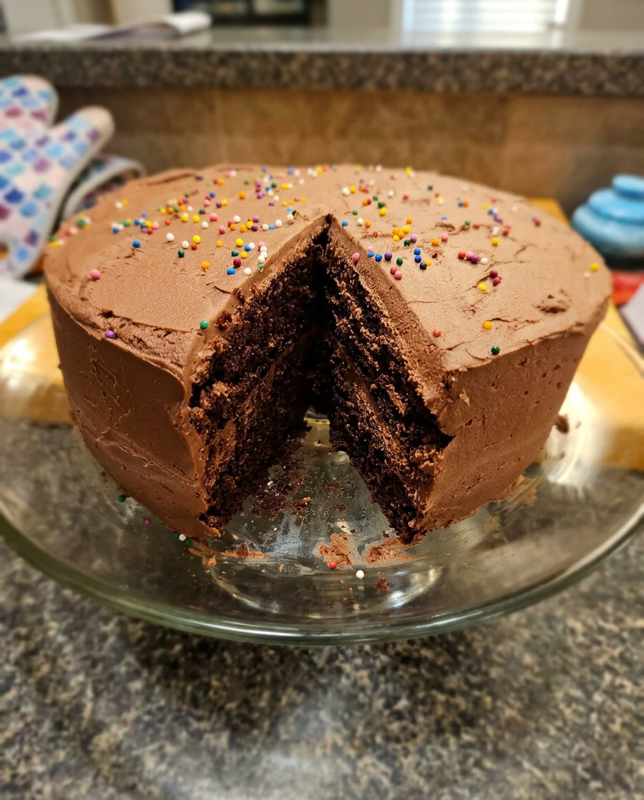 Homemade Chocolate Cake 14 A slice of moist chocolate cake sitting on a white plate with a fork nearby