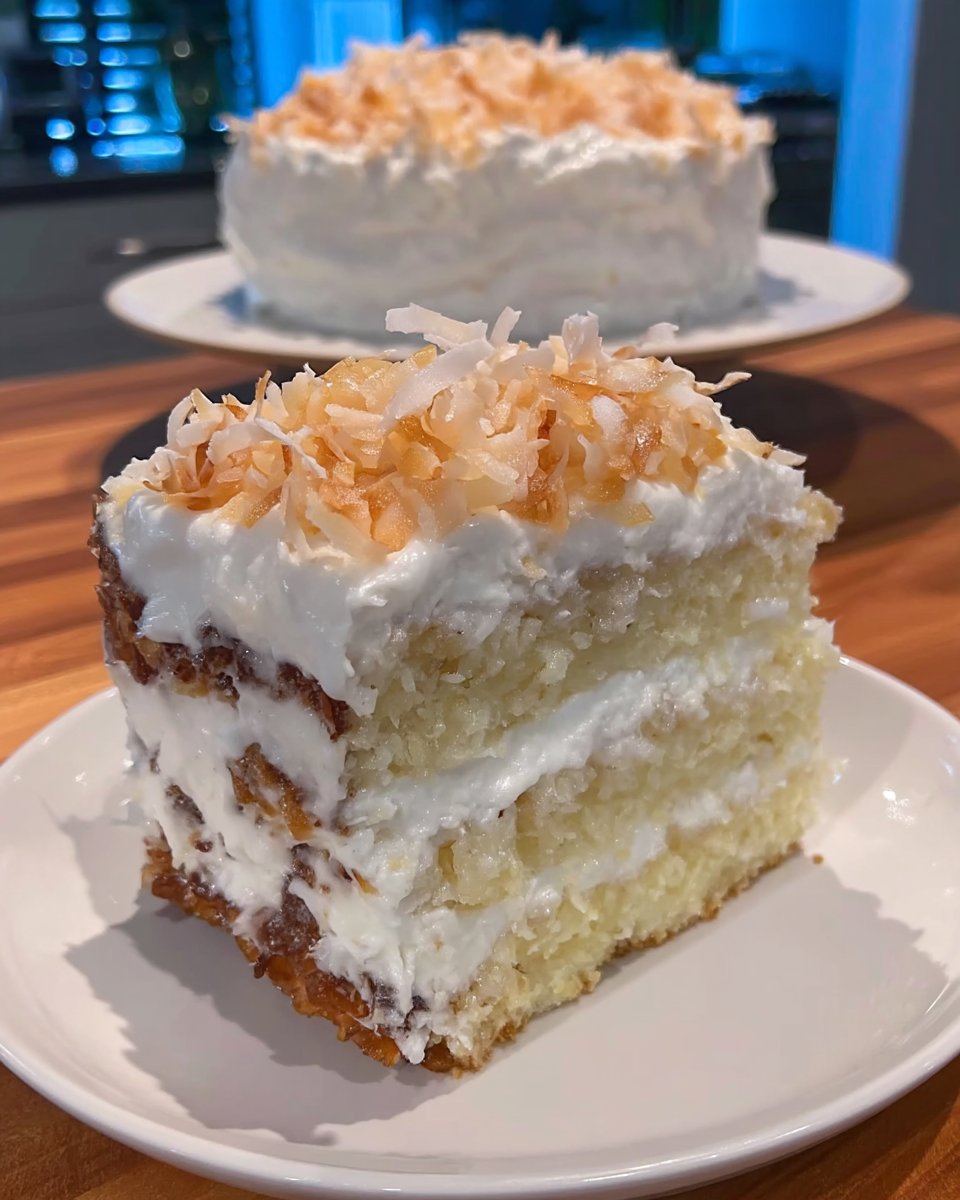 A slice of coconut cake served on a white plate with a fork