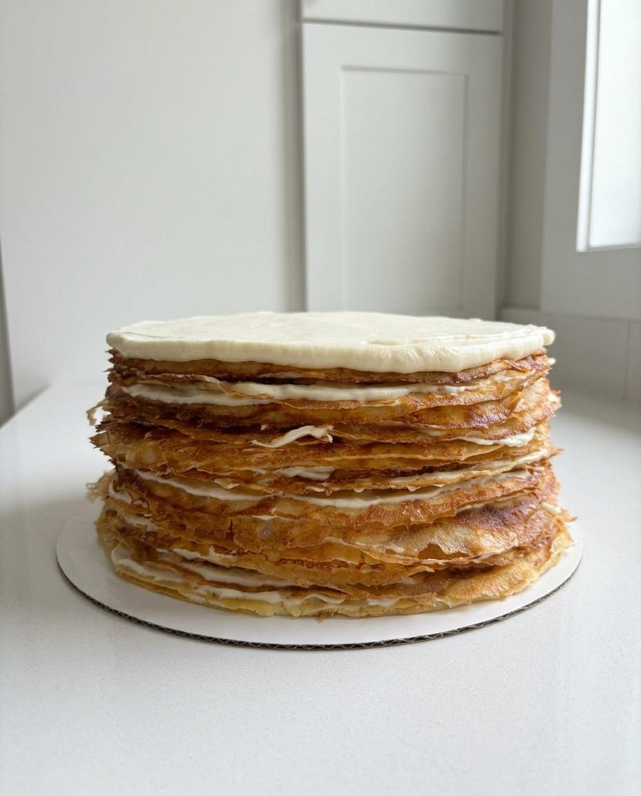A slice of crepe cake showing the many thin layers and a rich chocolate coating