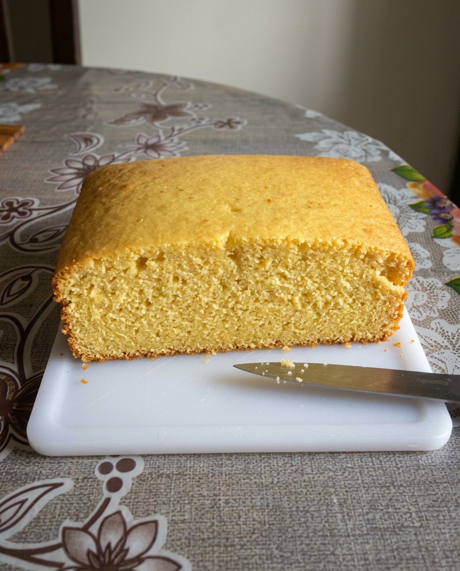 A slice of eggless vanilla cake topped with simple white frosting on a ceramic plate