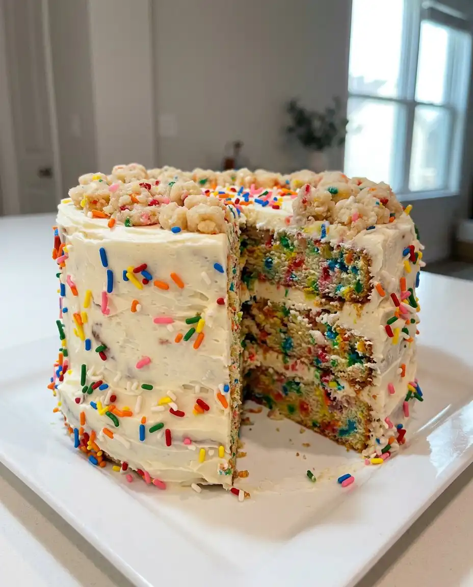 A single slice of funfetti cake on a plate next to the full cake on a stand