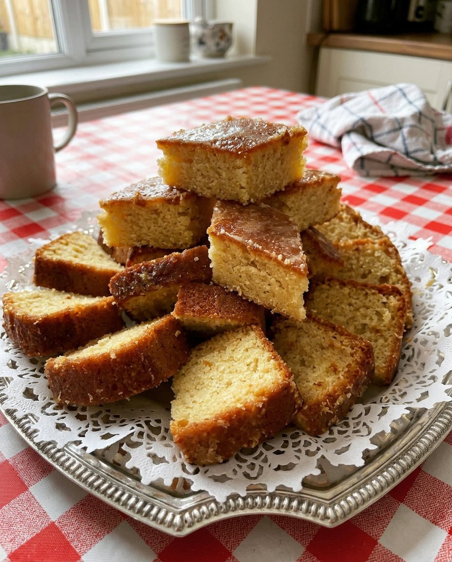 Lemon Drizzle Cake 14 Two slices of lemon drizzle cake served with a cup of tea