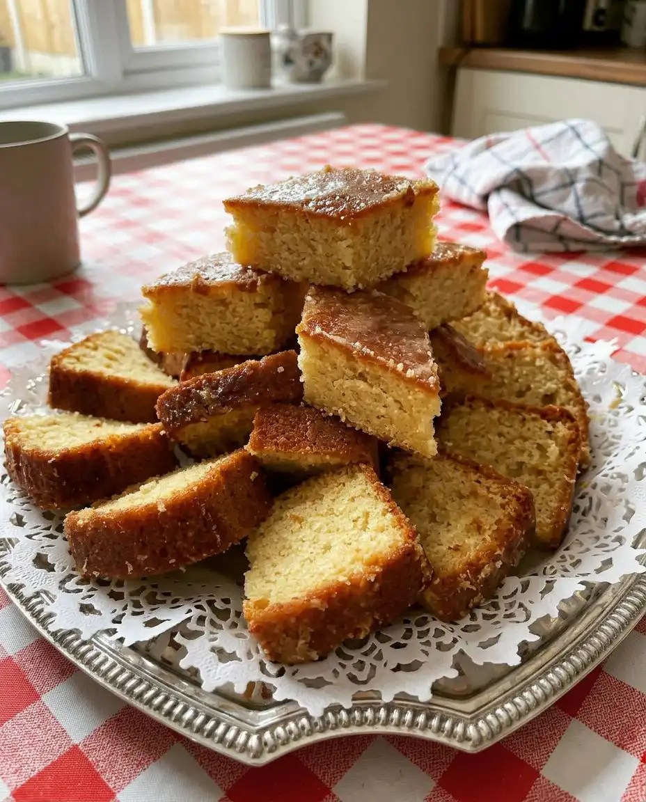 Two slices of lemon drizzle cake served with a cup of tea