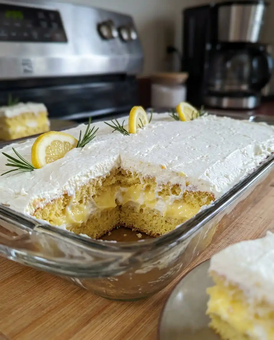 A square slice of lemon poke cake served on a white plate with a fork.