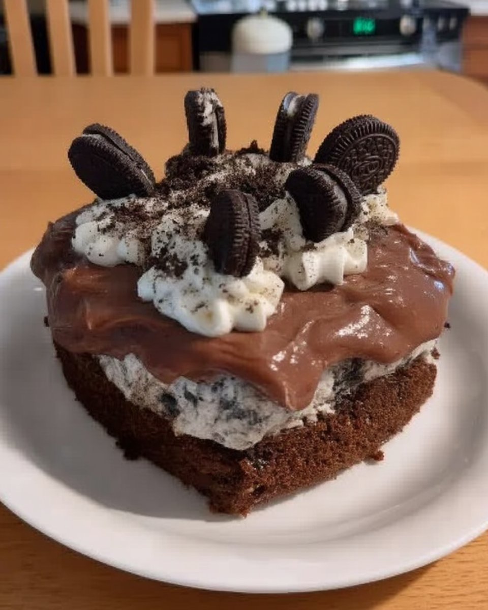A slice of Oreo cake showing the moist internal layers and cookie flecks