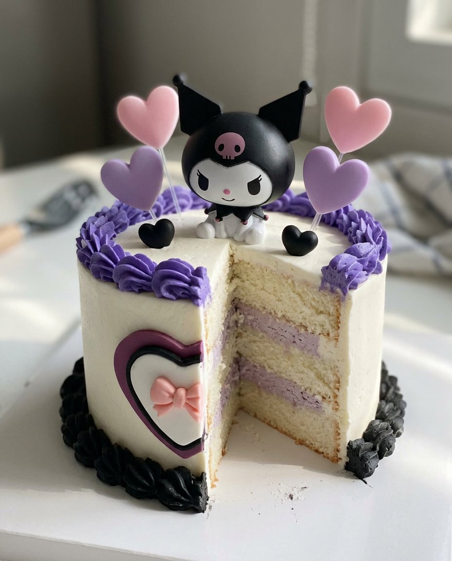 Kuromi Cake Design 14 Two golden brown sponge cake layers sliced and ready for filling