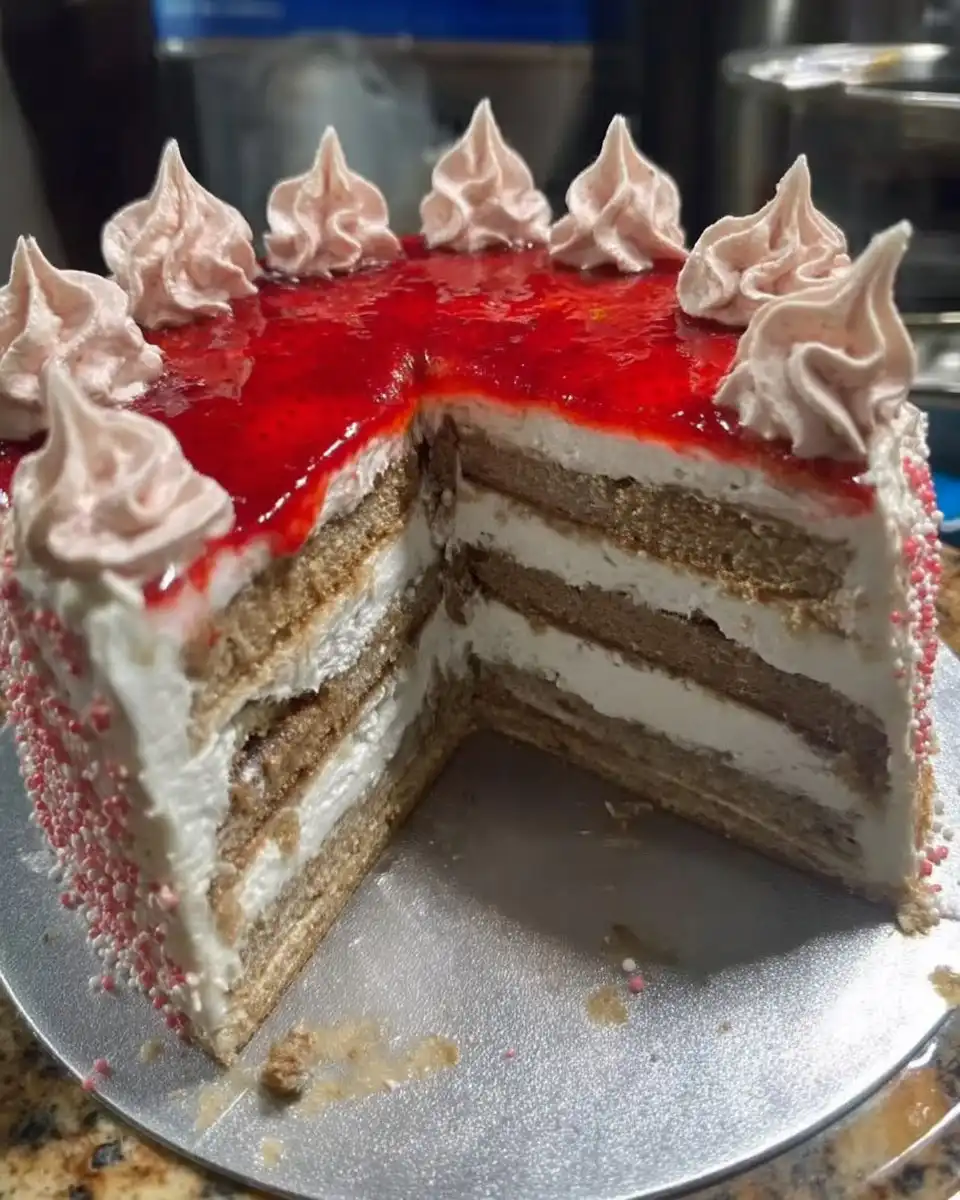 A slice of strawberry cake on a white plate with a fork