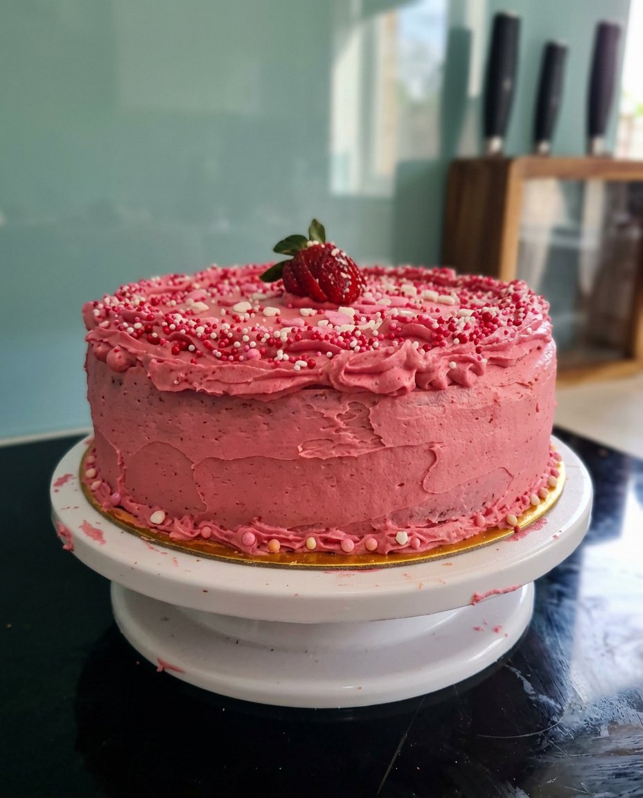 A slice of strawberry cake served on a plate with a dollop of whipped cream.