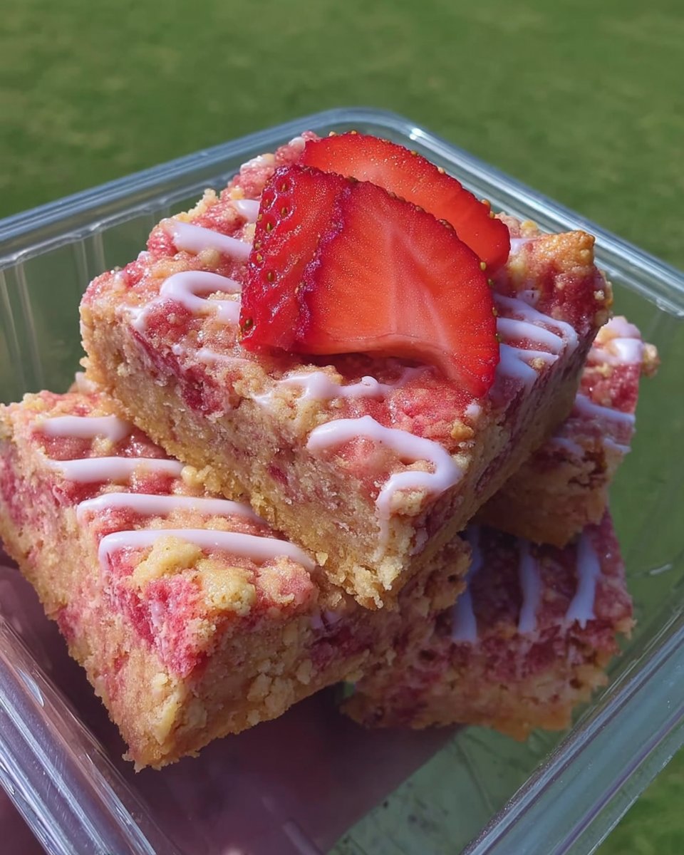 Full strawberry crunch cake sliced into squares with a glass of milk nearby