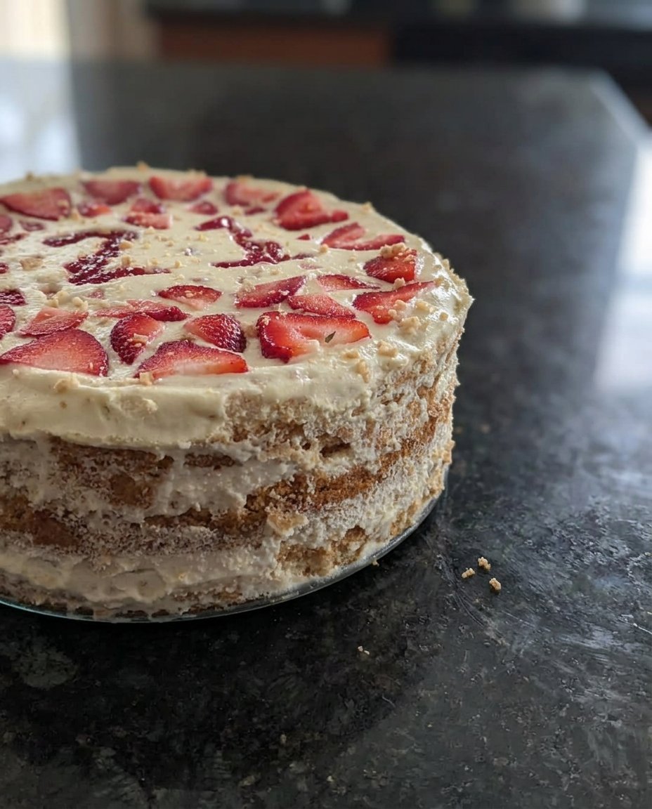A slice of strawberry icebox cake showing the layers