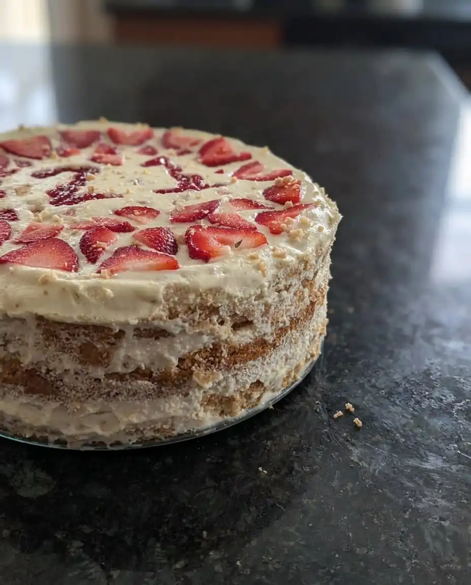 A slice of strawberry icebox cake showing the layers